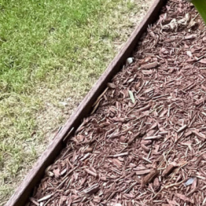 Metal bed edging forming a clean line between a green lawn and a freshly mulched planting bed
