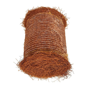 Close-up of a cylindrical coil of brown natural-fiber rope with rough texture and loose ends.