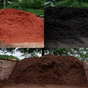Collage of mulch piles in red, black, and brown colors outdoors, with trees in the background.