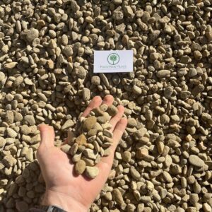 A hand holding small tan gravel chips over a bed of larger stones; a white Pine Straw Place Landscape Supply business card lies on the gravel in the background.