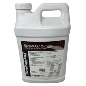 White plastic jug with a handle labeled EarthMAX Organic Foliar & Soil Additive (fertilizer container).